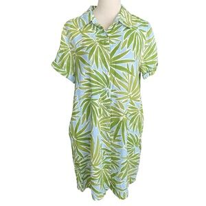 Sigrid Olsen Linen Tropical Leaf Button-Up Shirt Dress Women L Resort Wear Chic